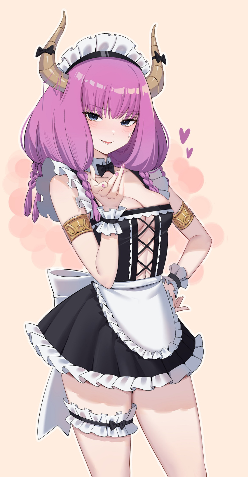 abs apron armlet aura aura_(sousou_no_frieren) blowing_kiss breasts chen_yang_yang cleavage detached_collar frilled_straps hand_on_own_hip highres jewelry maid maid_apron maid_day maid_headdress medium_breasts pink_hair simple_background sousou_no_frieren standing tagme thighs upper_body wrist_cuffs