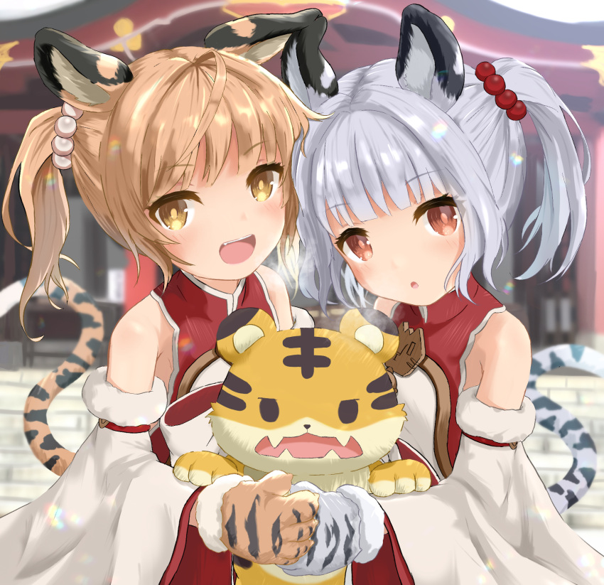 2girls :o animal_ears animal_hands bai_(granblue_fantasy) blonde_hair breath cafe_(owleelcafe) granblue_fantasy grey_hair highres huang_(granblue_fantasy) laolao_(granblue_fantasy) looking_at_viewer multiple_girls new_year red_eyes shrine tail tiger tiger_cub tiger_ears tiger_girl tiger_paws tiger_tail yellow_eyes