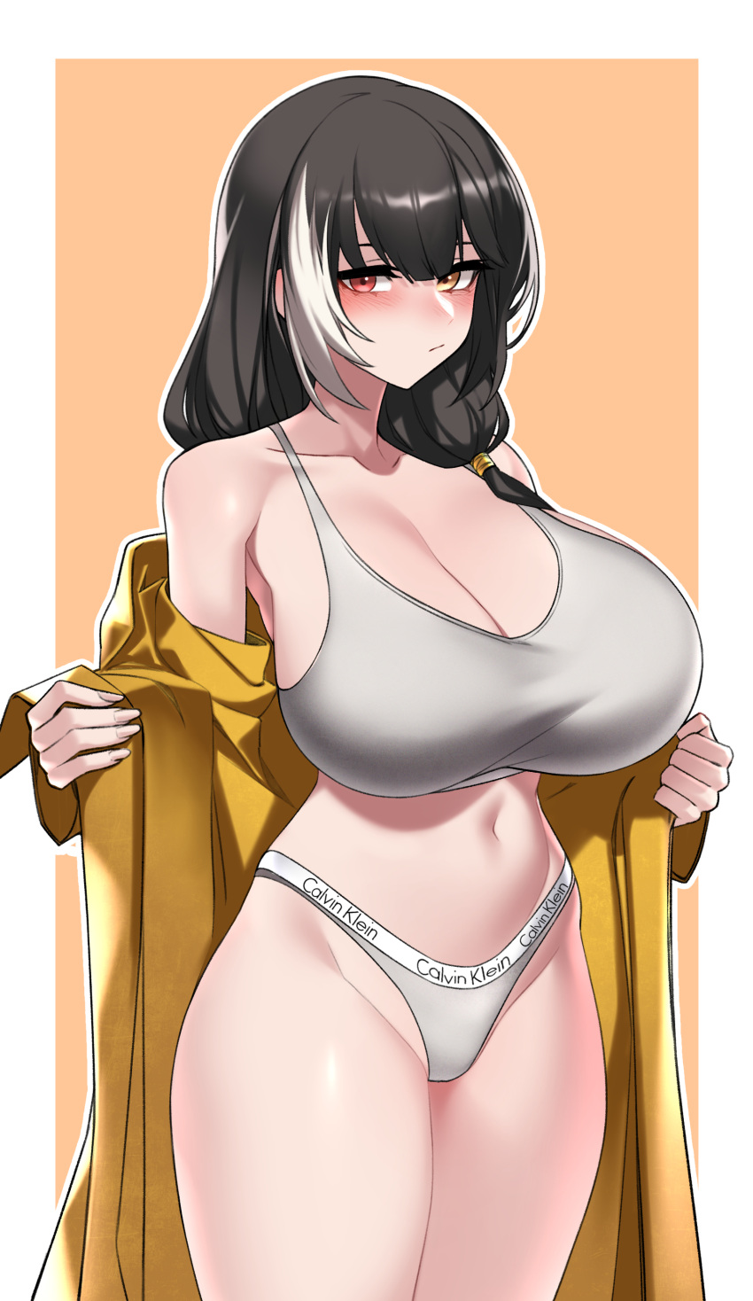 absurdres black_hair breasts calvin_klein cleavage cleft_of_venus closed_mouth collarbone commission dogs_(dlrkdejr26) female fingernails girls'_frontline grey_panties grey_sports_bra heterochromia highleg highleg_panties highres huge_breasts looking_at_viewer multicolored_hair navel open_clothes orange_eyes panties ro635_(girls'_frontline) solo sports_bra streaked_hair sweatdrop underwear white_hair yellow_eyes