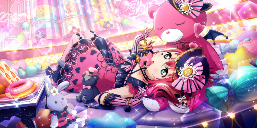 absurdres black_footwear collarbone doll dress female game_cg gloves green_eyes hat highres holding holding_wand kurosawa_ruby love_live! love_live!_school_idol_festival_all_stars love_live!_sunshine!! lying official_art on_back open_mouth pink_dress pink_gloves pink_thighhighs purple_hat red_hair thighhighs triangle_mouth wand