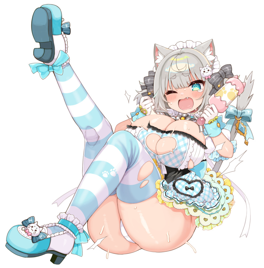 @_@ animal_ear_fluff animal_ears arato_asato ass black_bow blue_bow blue_eyes blue_footwear blue_ribbon blue_thighhighs bow breasts cat_ears cat_girl cat_hair_ornament cat_tail cleavage clothing_cutout davi_artman female gloves grey_bow hair_ornament hairbow heart_cutout highres huge_breasts indie_virtual_youtuber maid_headdress oerba_yun_fang one_eye_closed panties pantyshot paw_print ribbon solo striped_clothes striped_thighhighs tail tail_bow tail_ornament tearing_up thighhighs torn_clothes torn_thighhighs two-tone_thighhighs underwear virtual_youtuber white_footwear white_gloves white_panties white_thighhighs