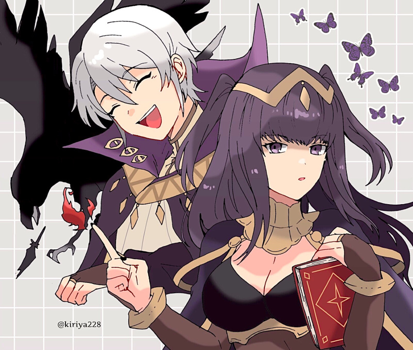 1boy bird black_eyes black_hair book breasts bug butterfly cape cleavage closed_eyes commentary_request crow female fire_emblem fire_emblem_awakening henry_(fire_emblem) highres holding holding_book kiriya_(552260) long_hair looking_at_viewer open_mouth short_hair short_twintails teeth tharja_(fire_emblem) twintails twitter_username upper_body upper_teeth_only white_hair