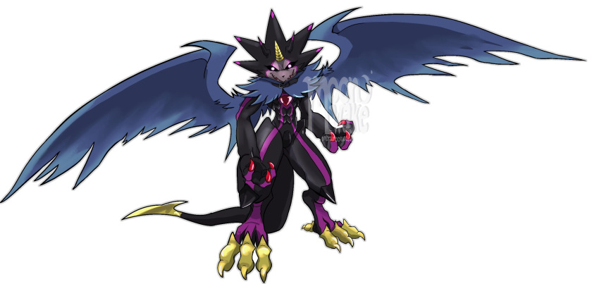 anthro bandai_namco belt black_body black_sclera cape clothing digimon digimon_(species) digimon_ghost_game glowing glowing_eyes gulusgammamon hi_res horn male scalie solo stinger_tail umbramoonwake wings