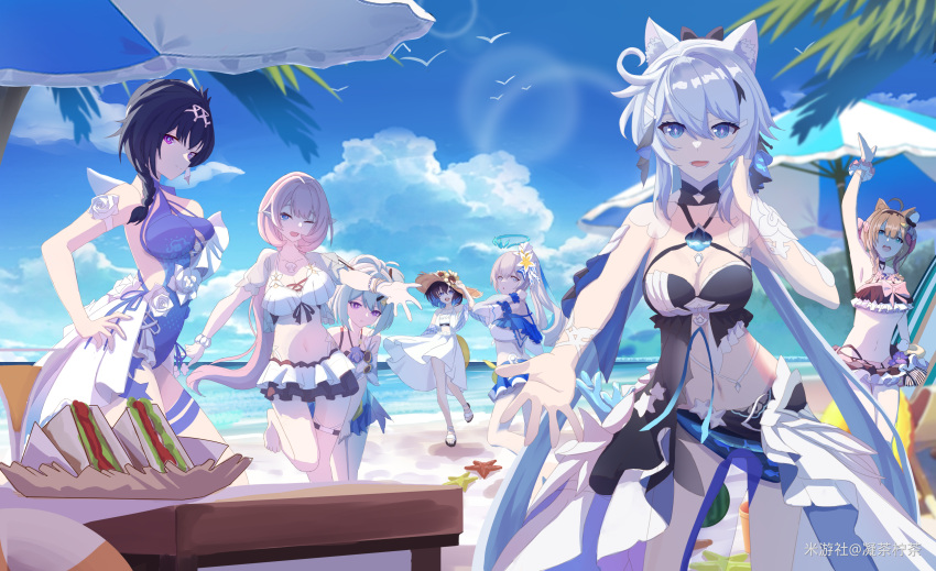 6+girls absurdres ahoge animal_ears backless_swimsuit bare_shoulders barefoot beach beach_umbrella bikini bird black_bikini black_choker blue_bikini blue_eyes blue_hair blue_halo blue_one-piece_swimsuit blue_sky bracelet breasts bronya_zaychik bronya_zaychik_(herrscher_of_truth) brown_hair cat_ears cat_girl choker cleavage clothing_cutout cloud cloudy_sky dress elf elysia_(honkai_impact) elysia_(miss_pink_elf)_(honkai_impact) elysia_(summer_miss_elf)_(honkai_impact) flower food green_eyes grey_hair griseo griseo_(starry_impression) hair_between_eyes hair_flower hair_ornament halo hat heterochromia highres honkai_(series) honkai_impact_3rd jewelry kiana_kaslana large_breasts leg_up light_blue_hair long_hair medium_breasts medium_hair midriff multiple_girls navel ningchaningcha ocean one-piece_swimsuit one_eye_closed outdoors pardofelis_(honkai_impact) pardofelis_(midsummer_collector)_(honkai_impact) pink_hair pointy_ears ponytail purple_hair raiden_mei raiden_mei_(crooning_tides) raiden_mei_(herrscher_of_origin) sand sandals sandwich seele_vollerei side_cutout skirt sky small_breasts starfish summer sun_hat sundress sunflower sunflower_hair_ornament sunlight swimsuit thigh_strap thighs too_many too_many_birds umbrella waving_arms white_bikini white_dress white_hair