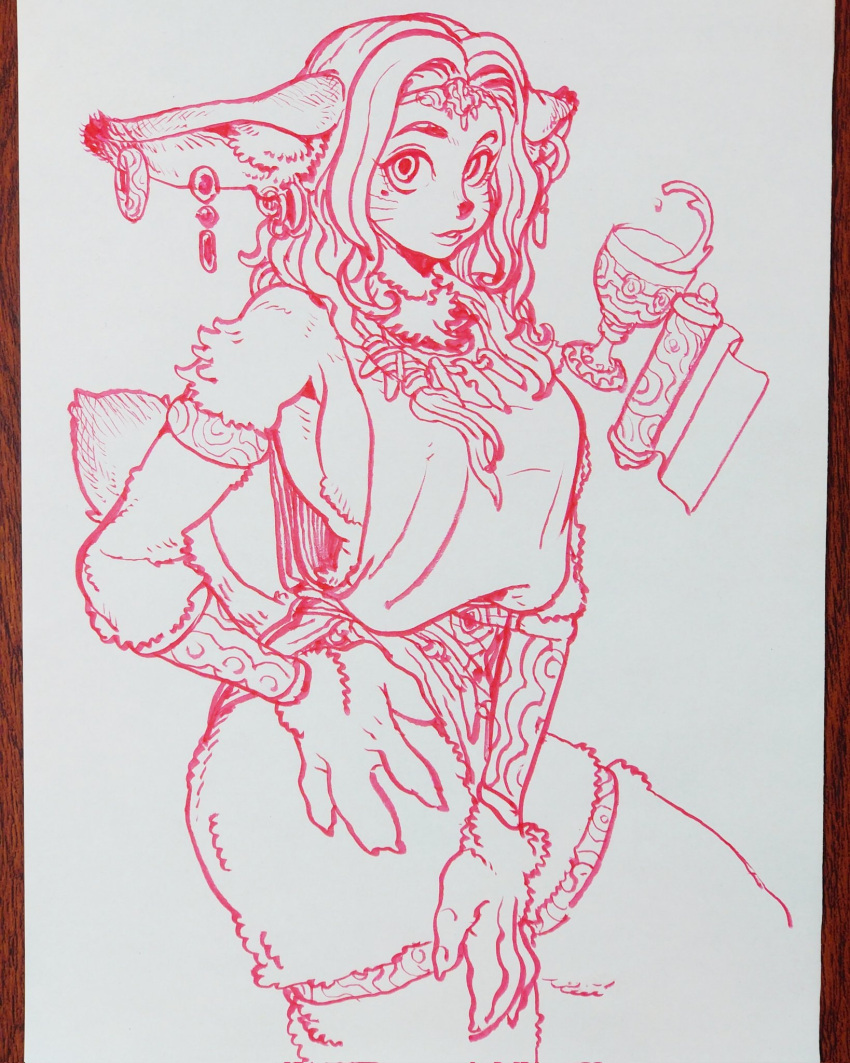 animal_ear_fluff animal_ears armlet ass bare_hips bare_shoulders body_fur bracer breasts chalice chest_tuft circlet closed_mouth cowboy_shot cup dangle_earrings earrings facial_mark female fewer_digits from_side furry furry_female hand_on_own_hip hand_on_own_thigh highres hoop_earrings jewelry large_breasts long_hair looking_at_viewer mole mole_under_eye monochrome multiple_earrings necklace nostrils okinawanogori original parted_lips pendant photo_(medium) piercing scroll sideboob simple_background solo spill tail thighlet thighs traditional_media tunic whisker_markings