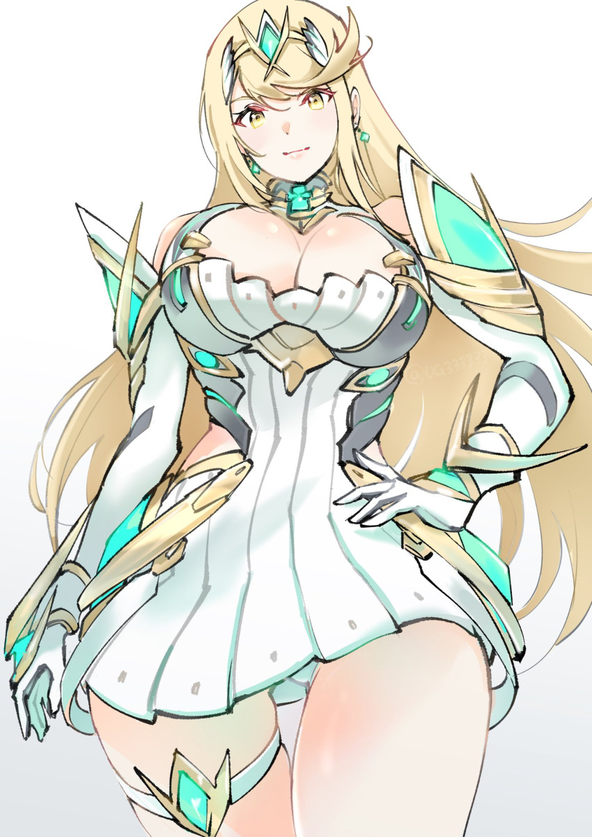 blonde_hair breasts chest_jewel cleavage cleavage_cutout closed_mouth clothing_cutout commentary_request cowboy_shot dress earrings elbow_gloves female gloves hand_on_own_hip highres jewelry large_breasts light_smile long_hair looking_at_viewer mythra_(xenoblade) short_dress side_cutout simple_background solo swept_bangs thigh_strap tiara ug333333 very_long_hair white_background white_dress white_gloves xenoblade_chronicles_(series) xenoblade_chronicles_2 yellow_eyes