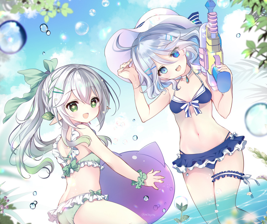 2girls :d ahoge alternate_costume bikini blue_bikini blue_eyes blue_hair blue_nails blue_panties blue_sky breasts cloud commentary_request day fingernails frilled_bikini frilled_wristband frills from_behind furina_(genshin_impact) genshin_impact gradient_hair green_bikini green_eyes green_hair green_nails green_panties green_wristband hair_between_eyes hair_ornament hat head_tilt heterochromia holding holding_water_gun leaf_hair_ornament light_blue_hair light_blush long_hair looking_at_viewer looking_back medium_breasts midriff multicolored_hair multiple_girls nahida_(genshin_impact) nail_polish navel outdoors panties pointy_ears shirogane_hina side_ponytail sky smile streaked_hair swimsuit symbol-shaped_pupils teeth twitter_username underwear upper_teeth_only wading water water_gun white_hair white_hat