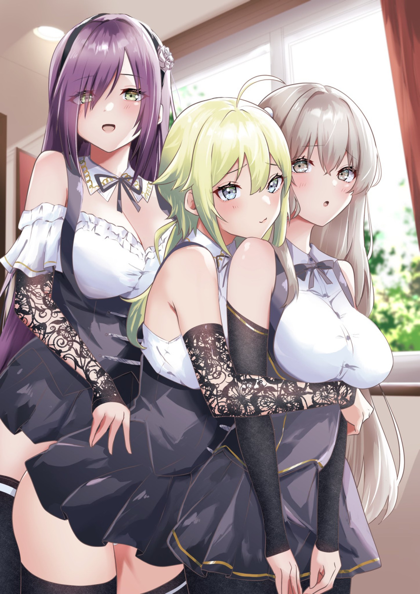 3girls :3 :o ahoge amano_soraha assault_lily bare_shoulders black_hairband black_ribbon black_skirt black_thighhighs blonde_hair blue_eyes blurry blurry_background blush breasts buttons ceiling ceiling_light cleavage closed_mouth collared_shirt commentary_request cowboy_shot day detached_collar detached_sleeves egawa_kusumi eyes_visible_through_hair flower frilled_shirt frilled_sleeves frills girl_sandwich green_eyes grey_eyes grey_hair hair_between_eyes hair_flower hair_ornament hair_over_one_eye hairband hand_on_another's_hip head_on_another's_shoulder heads_together highres houji_tea_latte hug hug_from_behind indoors lace-trimmed_thighhighs lace_sleeves large_breasts leaning_forward leaning_on_person long_hair long_sleeves looking_at_viewer low_ponytail maki_wakana miniskirt multiple_girls neck_ribbon off-shoulder_shirt off_shoulder panties pantyshot parted_lips ponytail purple_hair raised_eyebrows ribbon rose sandwiched school_uniform shirt short_sleeves skirt sleeveless sleeveless_shirt smile standing suspenders thighhighs underwear v_arms very_long_hair white_flower white_panties white_rose window yuri yurigaoka_girls_academy_school_uniform