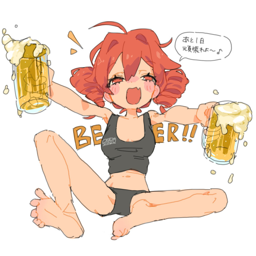 ahoge alcohol alternate_costume ao_6336 barefoot beer beer_mug black_panties black_tank_top blush_stickers breasts crop_top cup drill_hair female froth full_body half-closed_eyes highres holding holding_cup kasane_teto knee_up looking_at_viewer medium_breasts mug oerba_yun_fang open_mouth outstretched_arms panties red_eyes red_hair short_hair simple_background sitting skin_fang smile solo speech_bubble tank_top translation_request twin_drills underwear underwear_only utau white_background