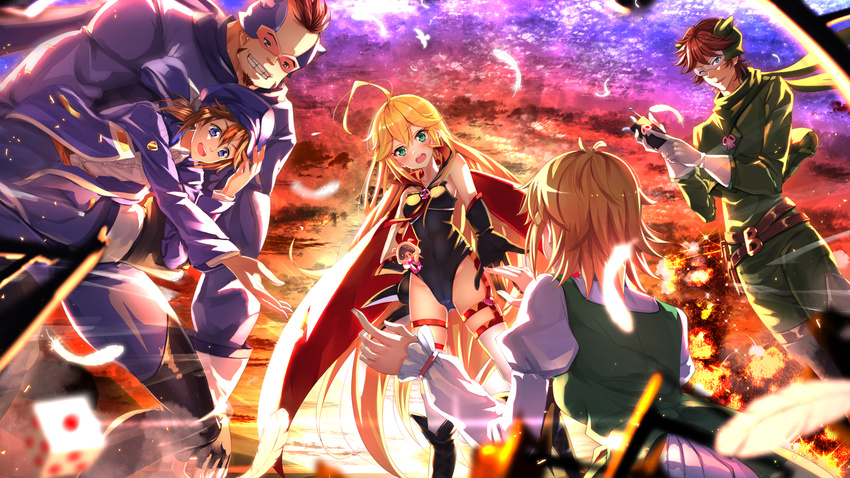 2girls 3boys :d ;o ahoge alouette_(yatterman) belt beret black_gloves blonde_hair blue_eyes blurry blush bodysuit boots brown_hair cape clenched_teeth cloud cloudy_sky commentary_request covered_navel depth_of_field dice dutch_angle elbow_gloves elephantus feathers gakuran galina_(yatterman) gloves goggles green_eyes hand_on_headwear hand_up hat highres holding leopard_(yatterman) leotard long_sleeves looking_at_viewer mask multiple_boys multiple_girls one_eye_closed open_mouth outstretched_hand puffy_long_sleeves puffy_sleeves school_uniform skin_tight sky smile sunlight sunset swordsouls teeth thigh_boots thighhighs time_bokan_(series) uniform voltkatze yatterman yoru_no_yatterman