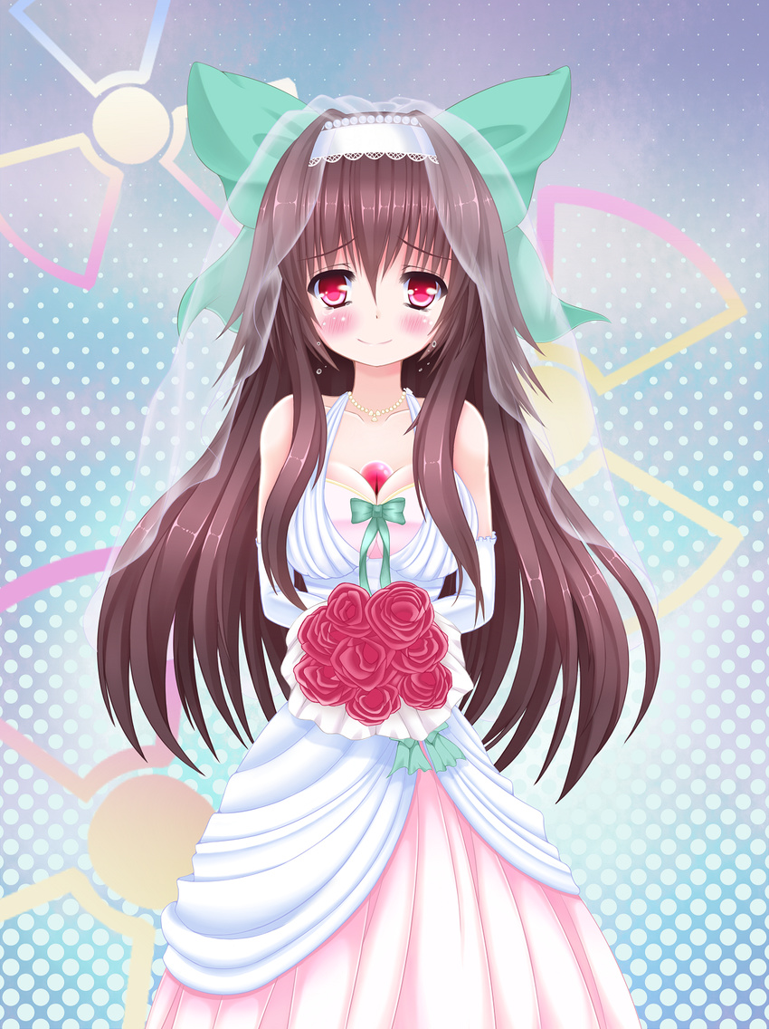 blush bouquet bow breasts bride brown_hair commentary_request dress female flower gloves green_bow hairbow highres large_breasts long_hair no_wings radiation_symbol red_eyes reiuji_utsuho solo tears third_eye touhou very_long_hair wedding_dress wisp_d