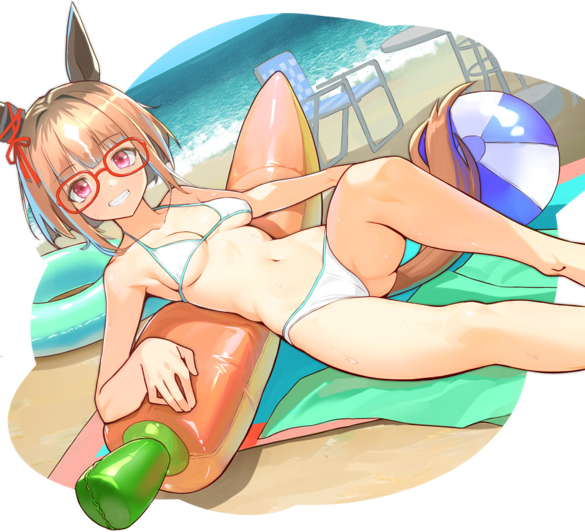 animal_ears ball bare_legs bare_shoulders beach beachball bikini blunt_bangs blush breasts brown_hair day female glasses highres horse_ears horse_girl horse_tail inflatable_carrot inflatable_toy innertube looking_at_viewer lying on_back outdoors patricia_(stylish_marunage) red_eyes short_hair sitting small_breasts smile solo string_bikini swim_ring swimsuit tail transcend_(umamusume) umamusume water white_bikini