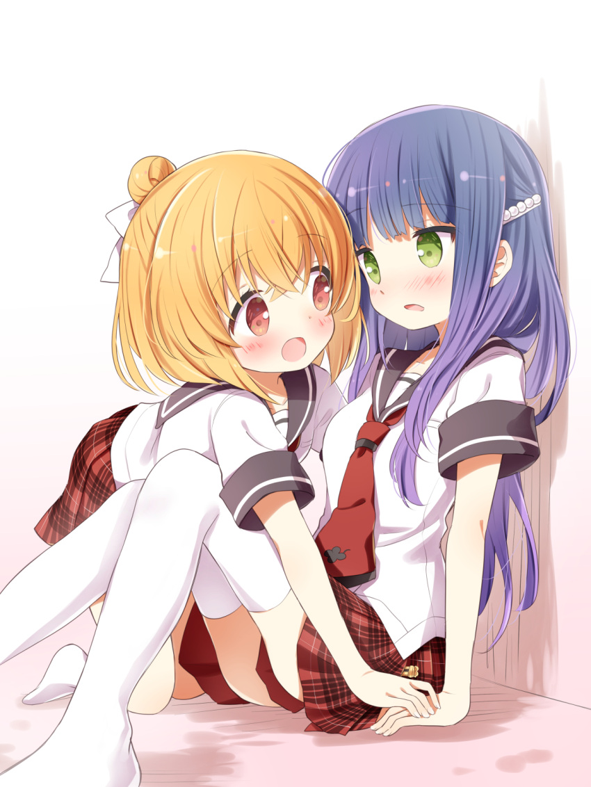 anne_happy blonde_hair blue_eyes green_eyes hanakoizumi_an hibarigaoka_ruri highres ichiyo12 light_blush long_hair looking_at_another medium_hair miniskirt multicolored_hair no_panties open_mouth red_eyes school_uniform serafuku short_sleeves skirt streaked_hair yuri zettai_ryouiki