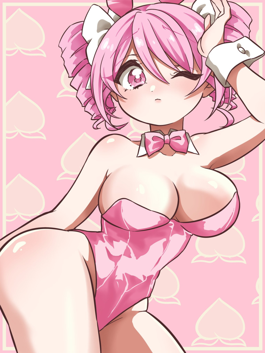 animal_ears bow bowtie breasts cow_tail cowboy_shot detached_collar drill_hair fake_animal_ears female hair_ribbon highleg highleg_leotard highres jashin-chan_dropkick large_breasts leotard pink_bow pink_bowtie pink_eyes pink_hair pink_leotard pino_(jashin-chan_dropkick) playboy_bunny rabbit_ears ribbon solo strapless strapless_leotard tail twin_drills wrist_cuffs yawasato00