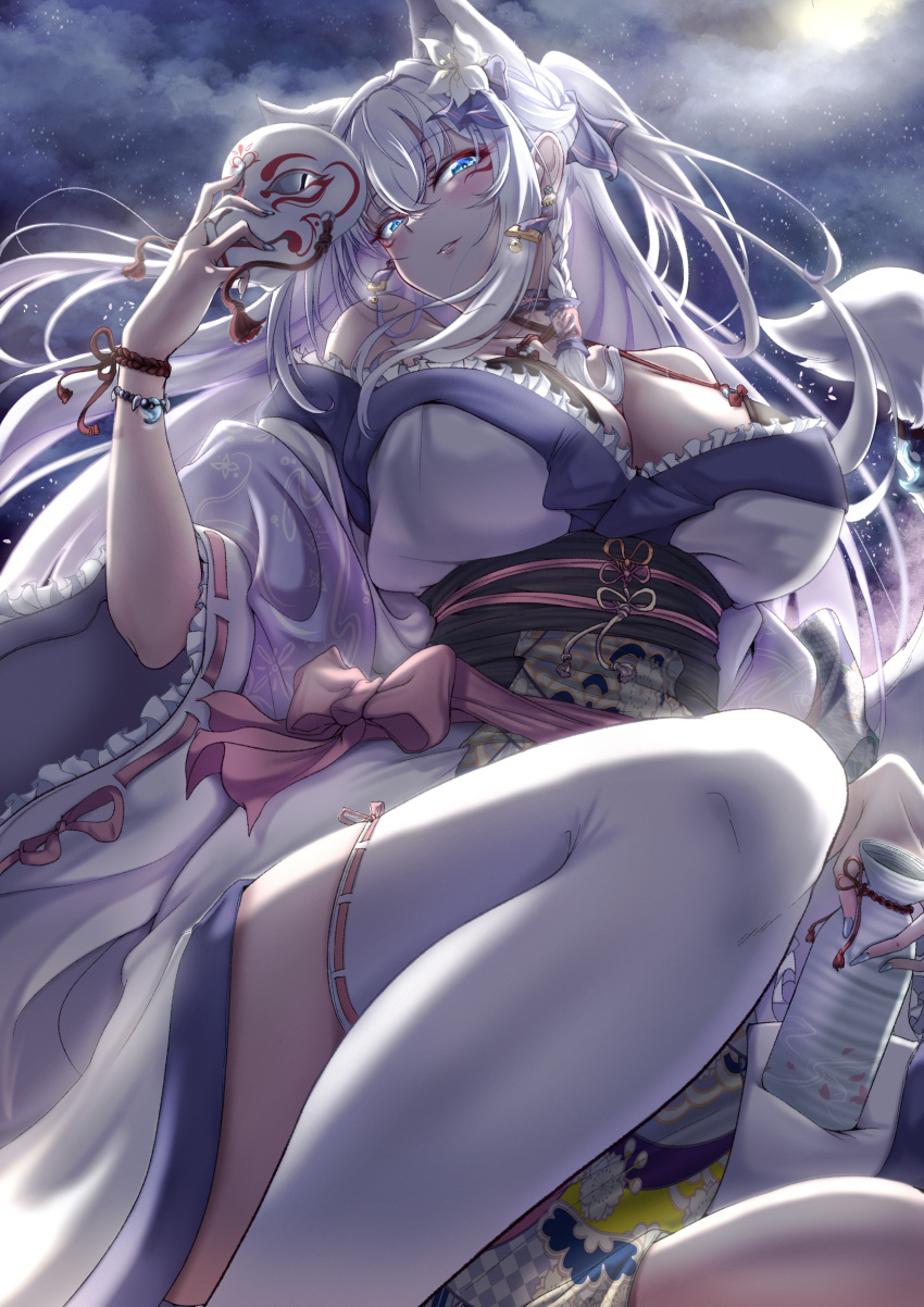 absurdres animal_ears blue_eyes blue_nails breasts cup female highres holding holding_cup holding_mask japanese_clothes kimono large_breasts long_hair looking_at_viewer mask moon night night_sky noripro shirayuki_mishiro sky solo tadatada_yui tail thighhighs white_thighhighs