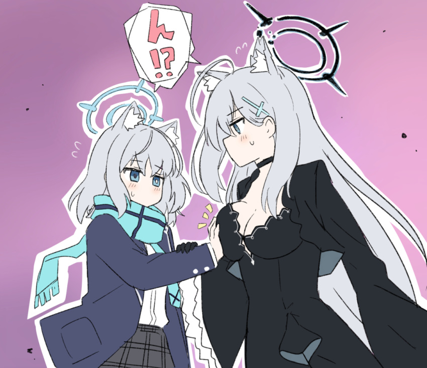 2girls accidental_touch ahoge animal_ear_fluff animal_ears black_choker black_dress black_halo blue_archive blue_eyes blue_scarf blush breasts broken_halo choker cleavage cross cross_hair_ornament dark_halo dress extra_ears grabbing_another's_breast grey_hair groping hair_between_eyes hair_ornament halo inverted_cross junes large_breasts long_hair long_sleeves medium_hair mismatched_pupils multiple_girls scarf shiroko_(blue_archive) shiroko_terror_(blue_archive) simple_background wolf_ears wolf_girl