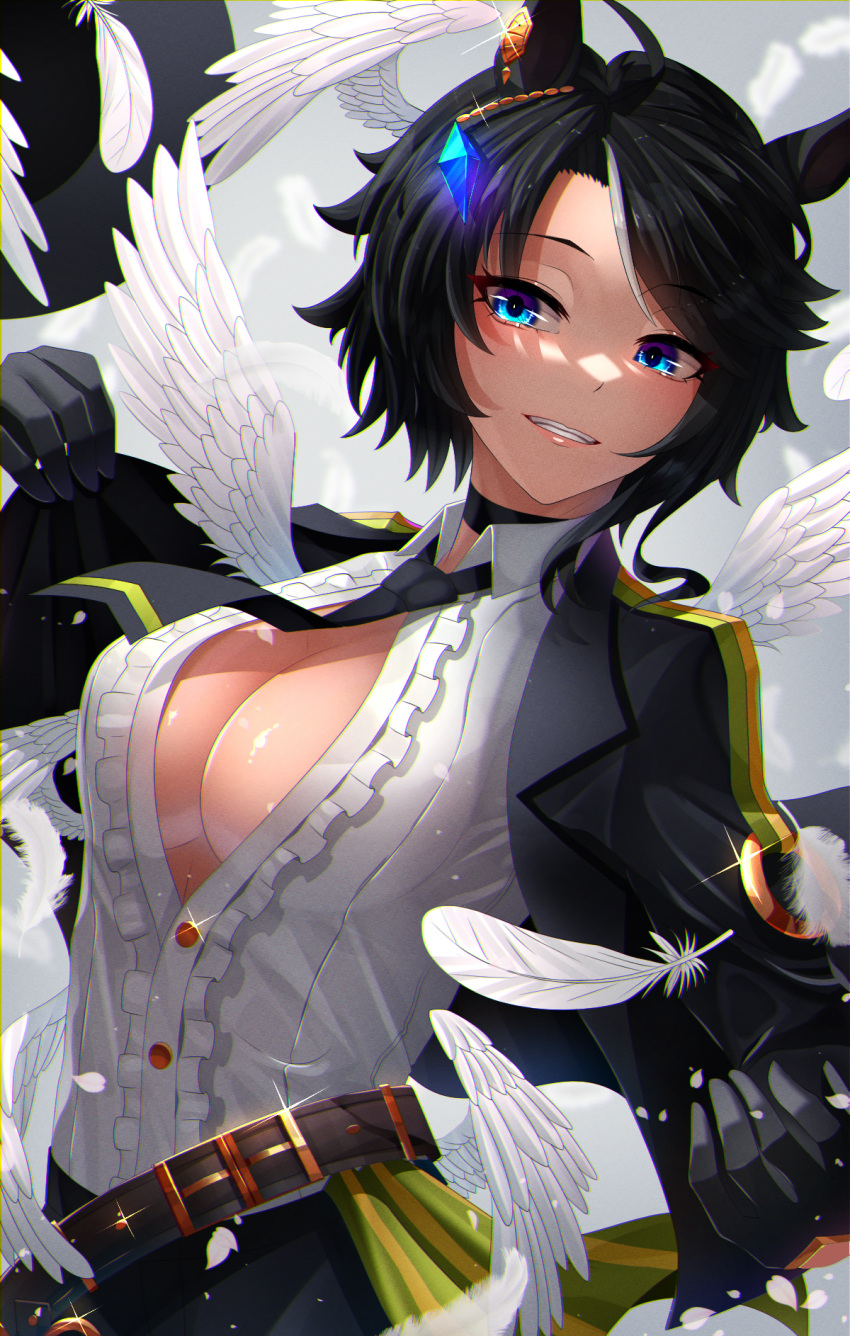 ahoge amekudaki animal_ears asymmetrical_hair belt black_choker black_gloves black_hair black_jacket black_necktie blue_eyes breasts buttons center_frills center_opening choker collared_shirt ear_ornament feathered_wings feathers female frilled_shirt frills fuji_kiseki_(umamusume) gem gloves grey_hair grin highres horse_ears jacket jewelry large_breasts lips long_sleeves looking_at_viewer medium_bangs multicolored_hair multiple_wings necktie no_bra open_clothes open_jacket parted_bangs shiny_skin shirt smile solo streaked_hair two-tone_hair umamusume upper_body white_shirt white_wings wing_collar wings