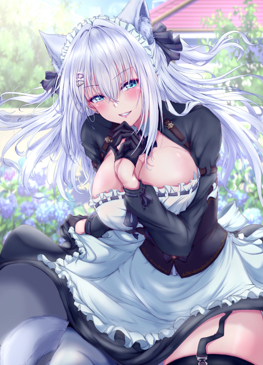 animal_ear_fluff animal_ears black_gloves black_thighhighs blue_eyes blush breasts cleavage earrings female garter_straps gloves half_gloves highres jewelry large_breasts long_hair maid maid_headdress noripro outdoors shirayuki_mishiro smile solo tadatada_yui tail thighhighs virtual_youtuber white_hair