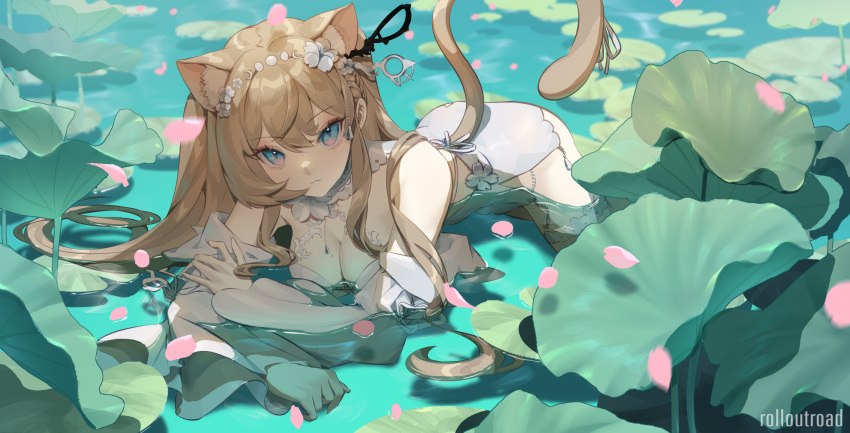 animal_ears bare_shoulders blue_eyes breasts brown_hair cat_ears cat_girl cat_tail cleavage closed_mouth detached_sleeves dress female flower hair_flower hair_ornament highres indie_virtual_youtuber lily_pad long_hair looking_at_viewer medium_breasts partially_submerged petals ribbon roll_out_road sakurai_hana see-through solo tail water white_dress white_flower