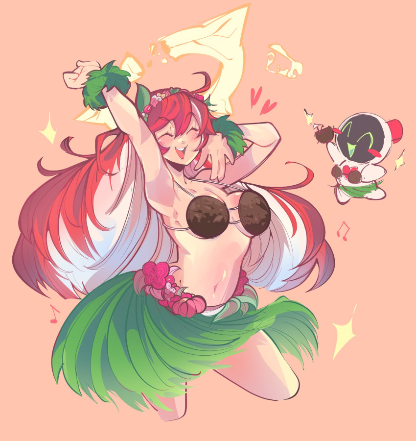 arm_up breasts broken_halo closed_eyes coconut_bra coconut_cup dancing female grass_bracelet grass_skirt guilty_gear guilty_gear_strive halo hand_on_own_face highres hula jack-o'_valentine long_hair multicolored_hair poopiepluto red_hair stomach tropical