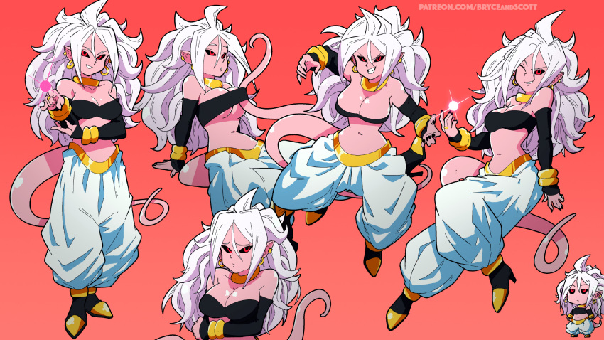 android_21 black_nails black_sclera black_tube_top bracelet breasts cleavage colored_sclera colored_skin commentary crop_top dragon_ball dragon_ball_fighterz ear_piercing earrings english_commentary female harem_pants highres hoop_earrings jewelry long_hair looking_at_viewer majin_android_21 medium_breasts midriff multiple_views narrow_waist navel neck_ring one_eye_closed pants piercing pink_skin pointy_ears red_eyes scott_malin strapless tail tube_top watermark web_address white_hair white_pants