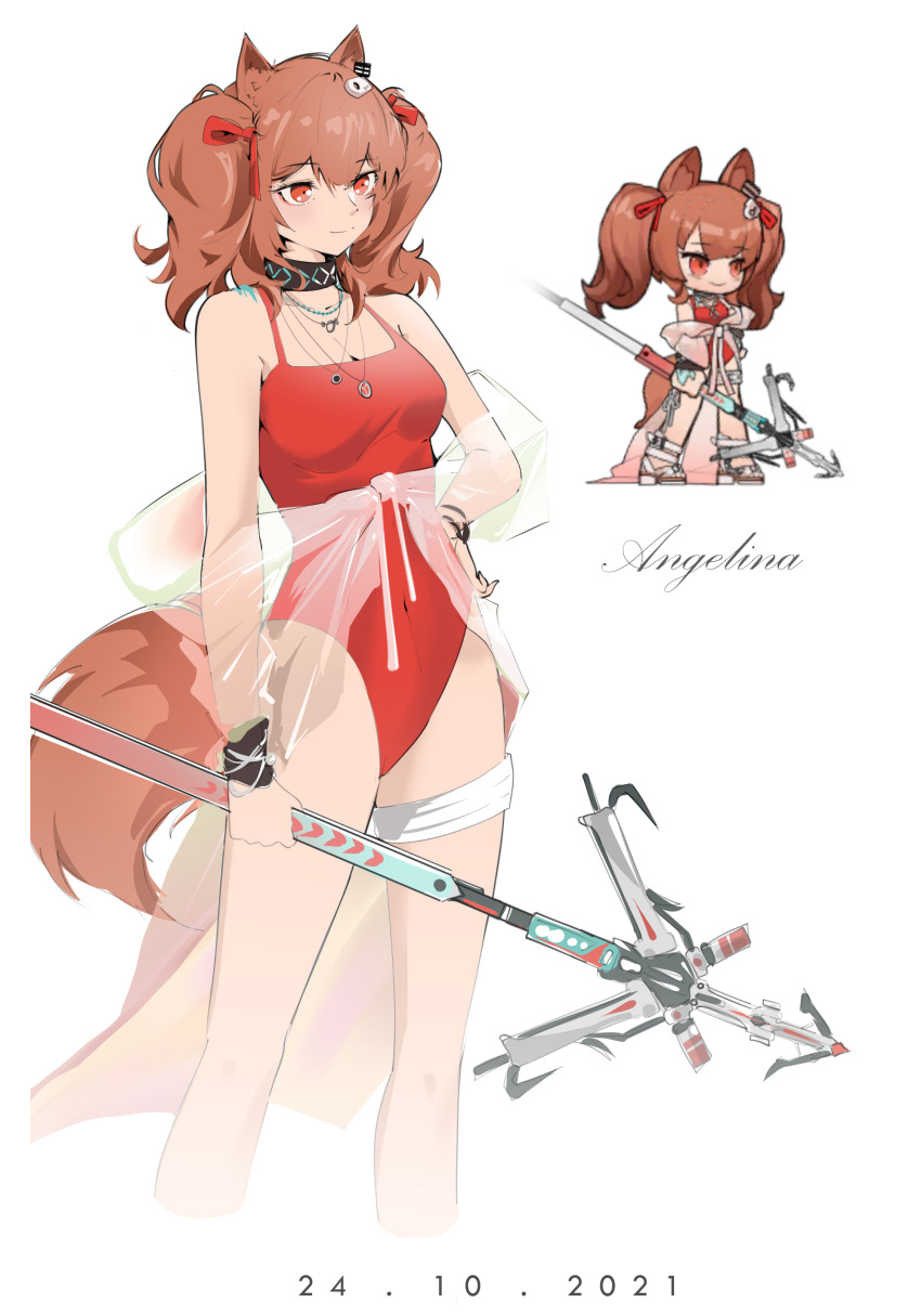 absurdres angelina_(arknights) angelina_(summer_flower)_(arknights) animal_ears arknights bare_legs bare_shoulders black_choker breasts brown_hair casual_one-piece_swimsuit character_name chibi choker dated female fox_ears hair_ribbon highres holding holding_staff infection_monitor_(arknights) khrnnfz long_hair multiple_views official_alternate_costume one-piece_swimsuit red_eyes red_one-piece_swimsuit red_ribbon ribbon simple_background small_breasts smile spaghetti_strap staff standing swimsuit swimsuit_cover-up thigh_strap thighs twintails white_background