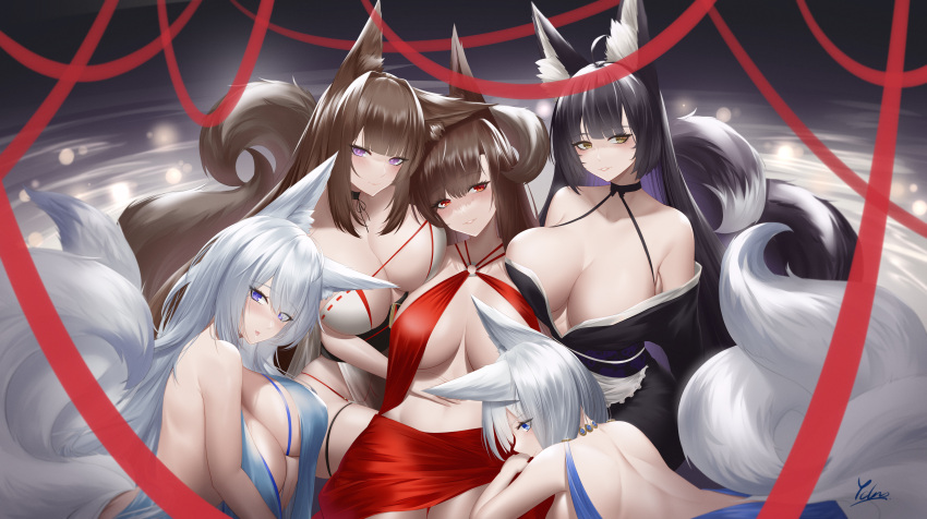 5girls absurdres akagi_(azur_lane) akagi_(ruby-laced_beauty)_(azur_lane) amagi_(azur_lane) amagi_(wending_waters_serene_lotus)_(azur_lane) animal_ears azur_lane bare_arms bare_shoulders black_hair blue_eyes blush breasts brown_hair chinese_commentary choker cleavage closed_mouth commentary_request fox_ears fox_girl fox_tail grey_hair highres ichikushi_mojibake kaga_(azur_lane) kaga_(exalted_white_wings)_(azur_lane) large_breasts long_hair looking_at_viewer multiple_girls musashi_(azur_lane) musashi_(violet_moonglow)_(azur_lane) off_shoulder official_alternate_costume parted_lips red_eyes red_ribbon ribbon shinano_(azur_lane) shinano_(dreams_of_the_hazy_moon)_(azur_lane) short_hair sideboob smile tail yellow_eyes