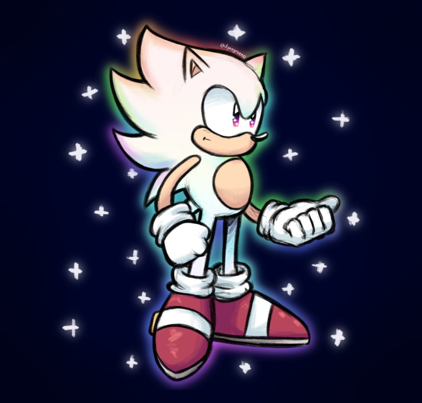 anthro clothing dynogreeno eulipotyphlan footwear gloves handwear hedgehog hi_res hyper_sonic iridescent iridescent_fur male mammal purple_eyes quills_(anatomy) rainbow sega shoes simple_background socks solo sonic_the_hedgehog sonic_the_hedgehog_(series) star white_body