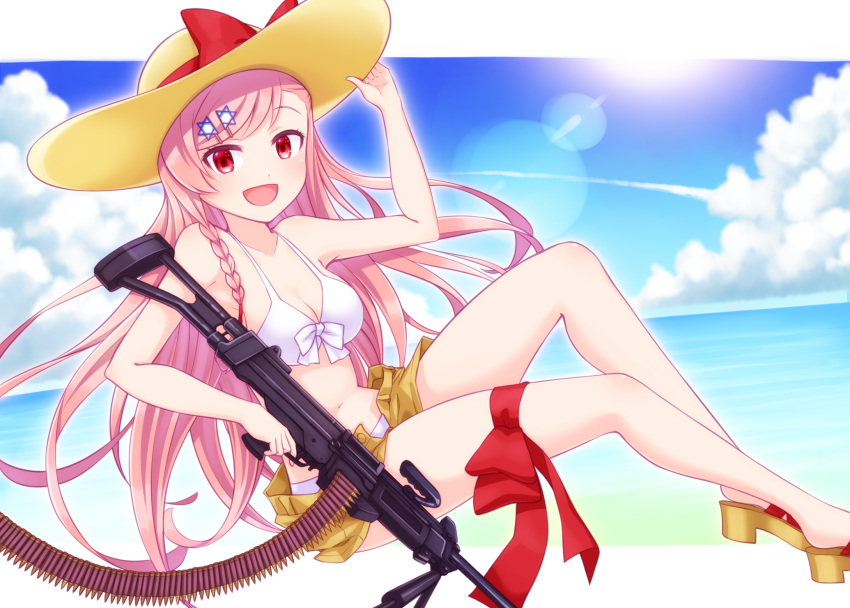 :d ammunition_belt arm_up bare_arms bare_shoulders bikini bikini_under_clothes blush bow braid breasts brown_footwear brown_hat brown_shorts cleavage commentary_request day female girls'_frontline gun hair_ornament hairclip hand_on_headwear harada_(sansei_rain) hat hat_bow hexagram highres holding holding_gun holding_weapon imi_negev legs light_machine_gun long_hair looking_at_viewer medium_breasts name_connection navel negev_(girls'_frontline) object_namesake open_clothes open_fly open_mouth open_shorts pink_hair red_bow red_eyes sandals short_shorts shorts smile solo star_of_david sun_hat swept_bangs swimsuit very_long_hair weapon white_bikini