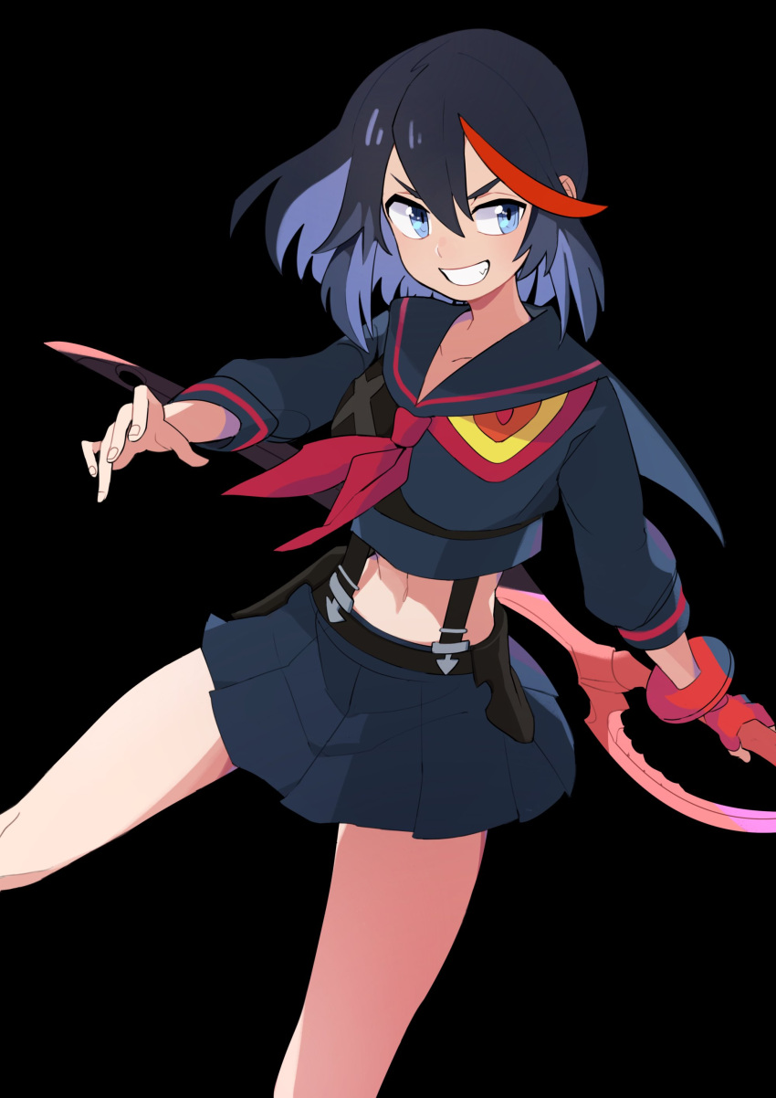 absurdres azuumori black_background black_hair blue_eyes breasts commentary female grin highres holding holding_sword holding_weapon kill_la_kill matoi_ryuuko midriff multicolored_hair navel red_hair reverse_grip school_uniform scissor_blade_(kill_la_kill) senketsu serafuku short_hair simple_background skirt smile solo streaked_hair suspenders sword two-tone_hair v-shaped_eyebrows weapon