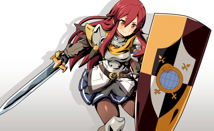 armor belt blue_skirt breasts cowboy_shot female gudon_(iukhzl) hair_between_eyes holding holding_shield holding_sword holding_weapon long_hair medium_breasts orange_eyes pantyhose raquna_sheldon red_hair sekaiju_no_meikyuu shadow shield shin_sekaiju_no_meikyuu simple_background skirt smile solo sword weapon white_background