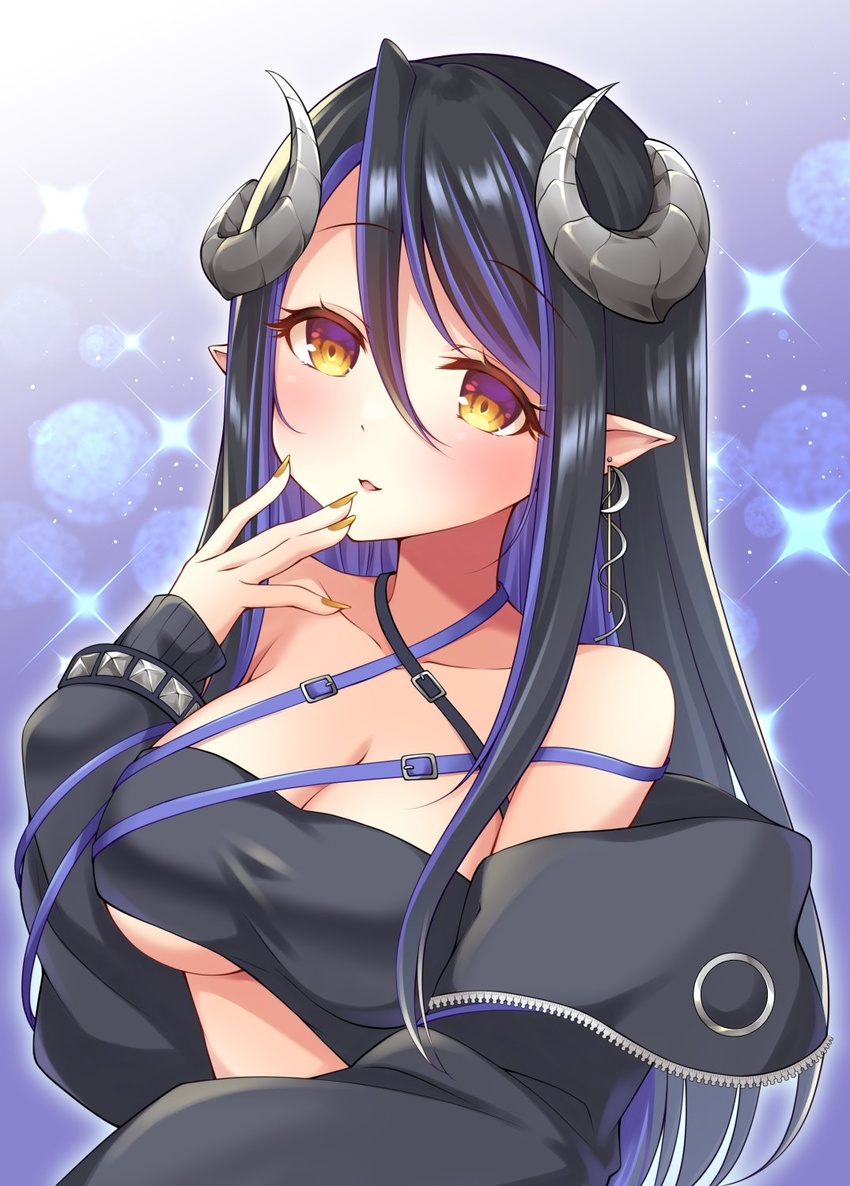 bandeau belt black_bandeau black_belt black_hair black_jacket blue_belt blue_hair blush breasts brown_eyes brown_nails chest_belt cleavage commentary_request curled_horns demon_girl demon_horns female fingernails gradient_background grey_horns hair_between_eyes hand_to_own_mouth hebiyoi_tier hebiyoi_tier_(1st_costume) highres horns jacket large_breasts long_bangs long_hair long_sleeves looking_at_viewer multicolored_hair nanashi_inc. off_shoulder open_clothes open_jacket open_mouth pointy_ears purple_background sidelocks smile solo sparkle two-tone_hair upper_body usaba_(usabara_c) virtual_youtuber