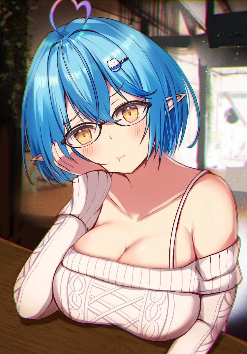 :t absurdres ahoge blue_hair blush bob_cut breast_rest breasts breasts_on_table cleavage closed_mouth daifuku_(yukihana_lamy) elbow_rest elf female glasses hair_ornament hairclip head_on_hand heart heart_ahoge highres hololive large_breasts looking_at_viewer off-shoulder_sweater off_shoulder official_alternate_costume pointy_ears pout sabamiso_(tomomon021831) short_hair solo spaghetti_strap sweater upper_body virtual_youtuber white_sweater yellow_eyes yukihana_lamy yukihana_lamy_(loungewear)