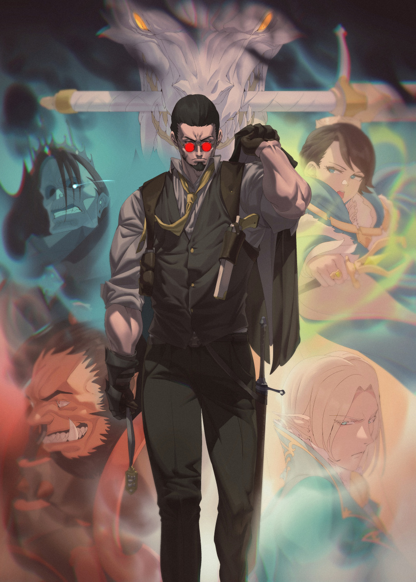 4boys absurdres bad_id bad_pixiv_id beard black_gloves black_hair black_vest blonde_hair blue_eyes brown_hair commentary cover cover_page dragon facial_hair female gloves glowing glowing_eye gun hair_behind_ear handgun highres holding holding_clothes holding_jacket holstered in_mouth ingan-i_neomu_gangham jacket jin_rou long_hair multiple_boys necktie novel_cover official_art pointy_ears sunglasses sword tusks vest walking weapon yellow_eyes yellow_necktie zombie