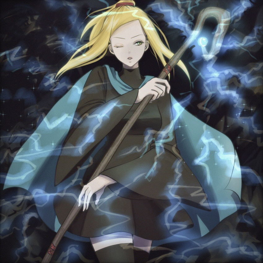 blonde_hair blue_cape cape dress female final_fantasy final_fantasy_tactics highres holding holding_staff lightning magic one_eye_closed open_mouth ponytail solo soosupaan staff thighhighs valmafra_lenande yellow_eyes