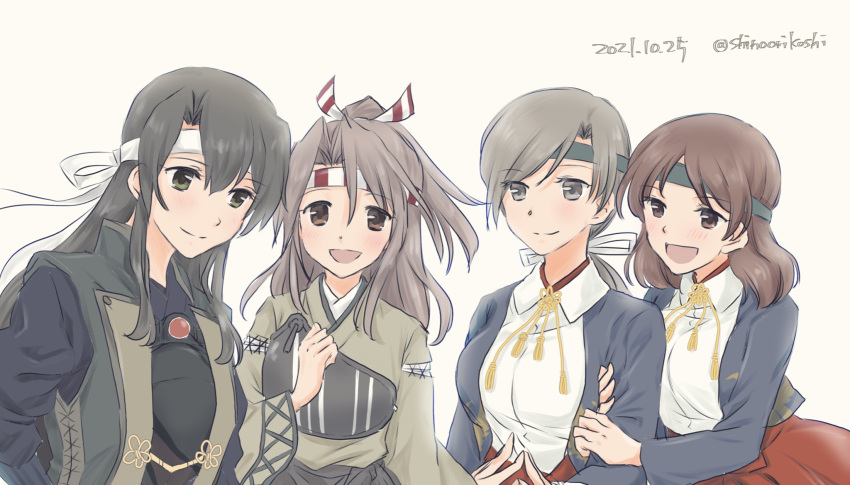 4girls brown_hair chitose_(kancolle) chitose_kai_ni_(kancolle) chiyoda_(kancolle) chiyoda_kai_ni_(kancolle) dated green_hair grey_hair hair_ribbon headband highres kantai_collection long_hair medium_hair multiple_girls muneate orikoshi_shino ponytail ribbon signature smile white_background zuihou_(kancolle) zuikaku_(kancolle) zuikaku_kai_ni_(kancolle)