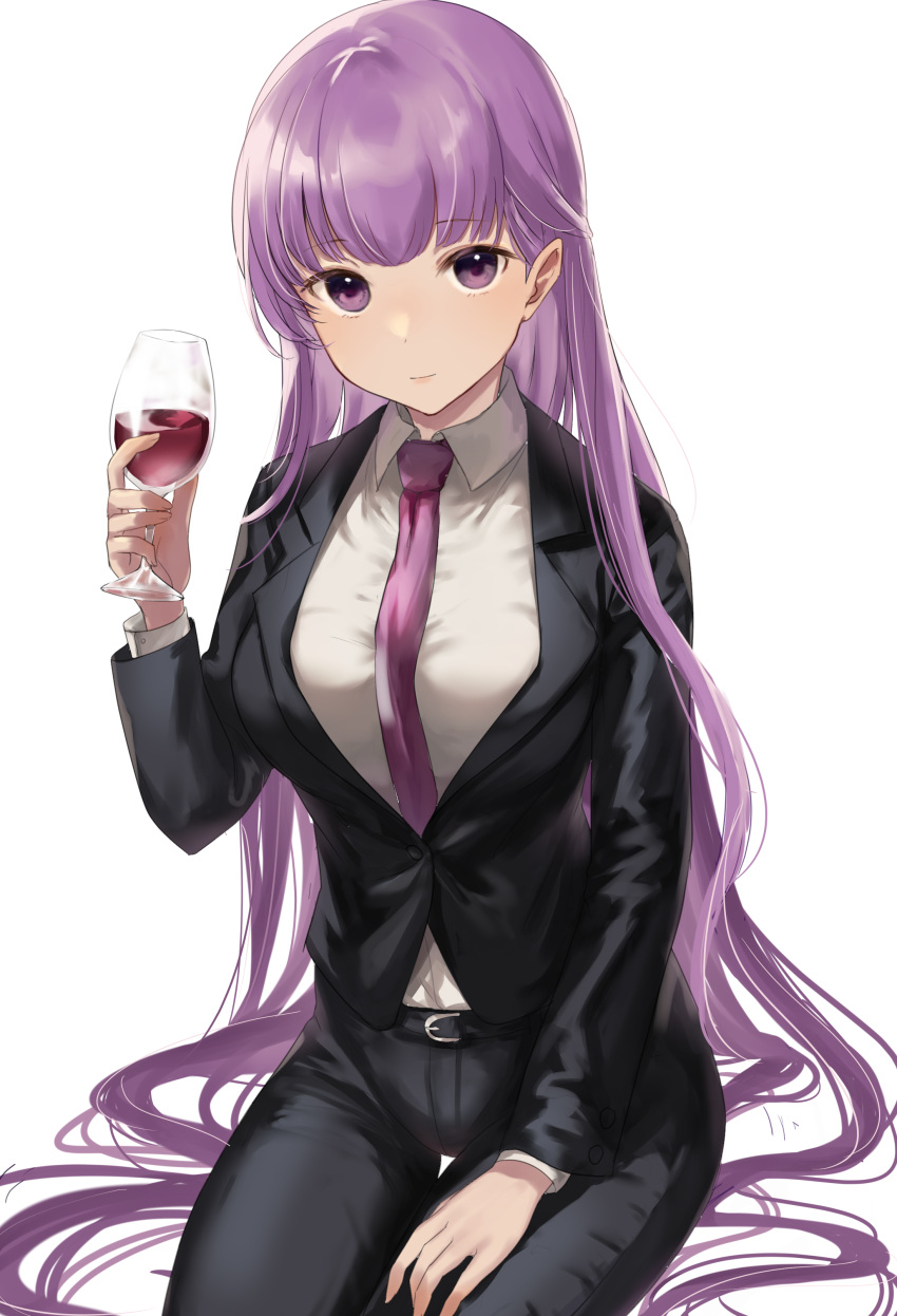 absurdres alcohol belt black_clothes breasts commission commissioner_upload couch cup drinking_glass female fire_emblem fire_emblem:_the_binding_blade formal haru_(nakajou-28) highres holding holding_cup long_hair looking_at_viewer looking_up medium_breasts necktie pant_suit pants purple_eyes purple_hair red_wine sitting_on_hair solo sophia_(fire_emblem) suit transparent_background very_long_hair wine wine_glass