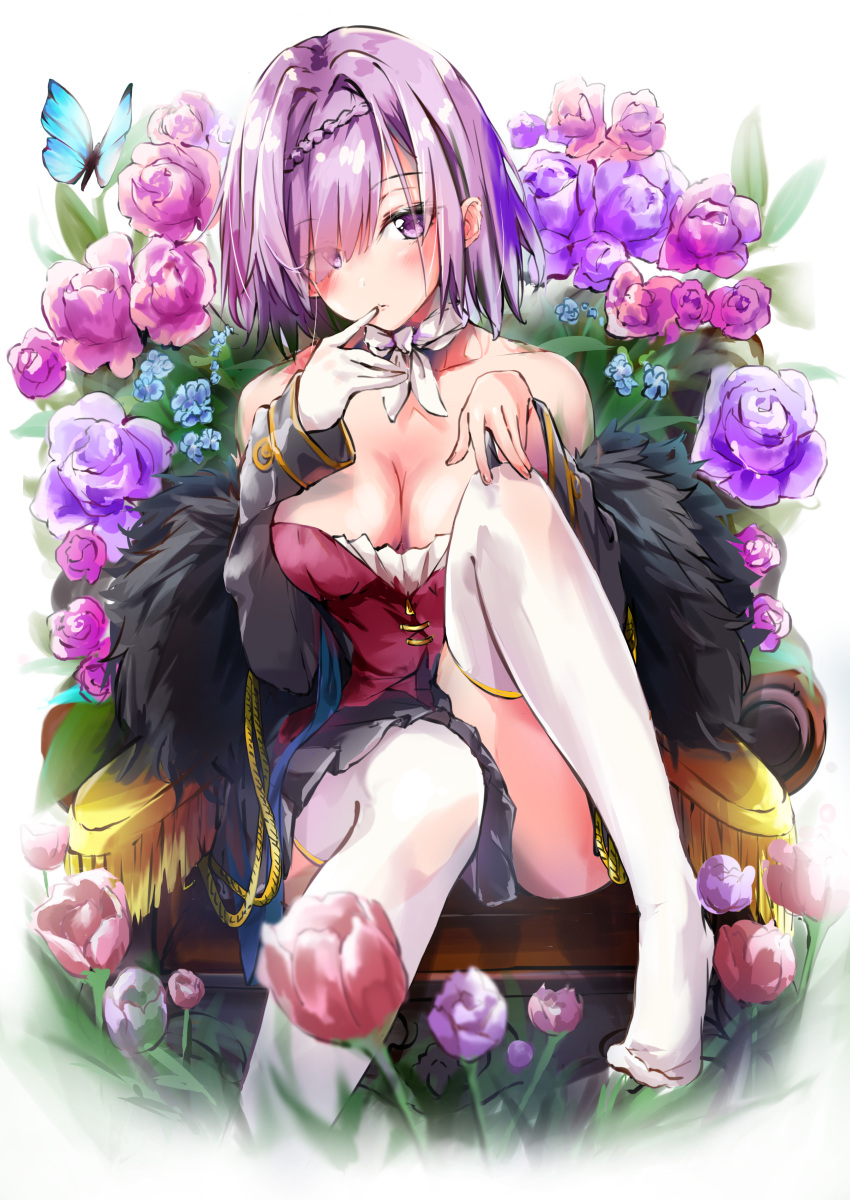 absurdres azur_lane bare_shoulders blush braid breasts bug butterfly chair cleavage commentary crown_braid female finger_to_mouth flower gloves hair_ornament hair_over_one_eye highres light_purple_hair looking_at_viewer medium_breasts mugi_no_hikyaku penelope_(azur_lane) purple_eyes short_hair single_braid sitting skirt solo thighhighs unworn_gloves white_gloves white_thighhighs