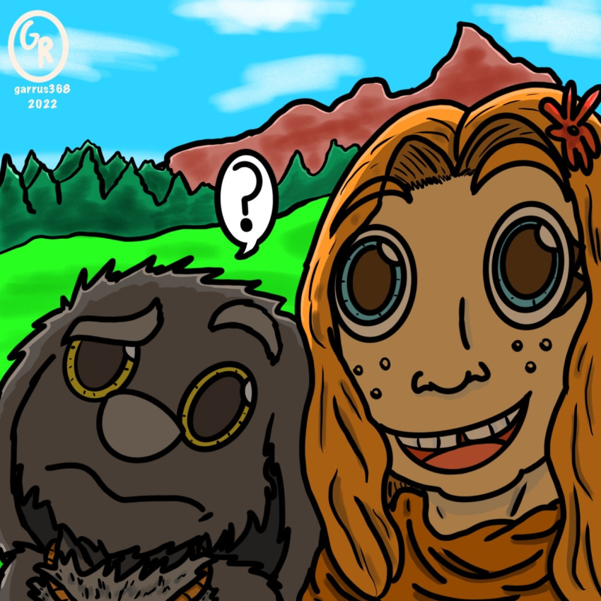 1:1 2022 anthro canid canine duo female forest garrus368 hi_res human luccia luccia_(garrus368) male male/female mammal mountain nesthus nesthus_(garrus368) patreon plant question_mark smile speech_bubble story story_in_description tree wiffen wiffen_(specie)