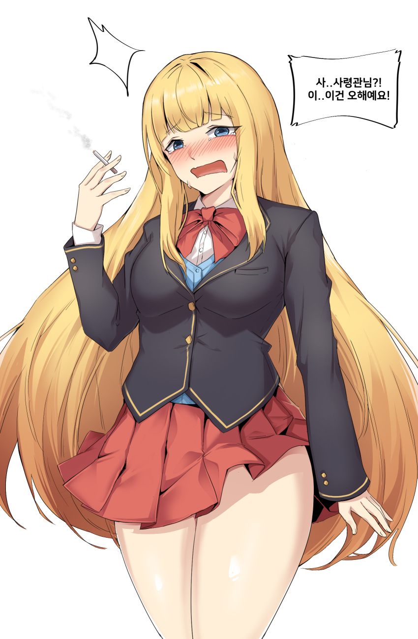 absurdres blonde_hair blue_eyes blunt_bangs blush cardinal_armand cigarette clip_studio_paint_(medium) crying female halusal-i highres korean_commentary korean_text last_origin long_hair looking_at_viewer official_alternate_costume pleated_skirt red_skirt ribbon school_uniform skirt solo sweat tears translation_request very_long_hair