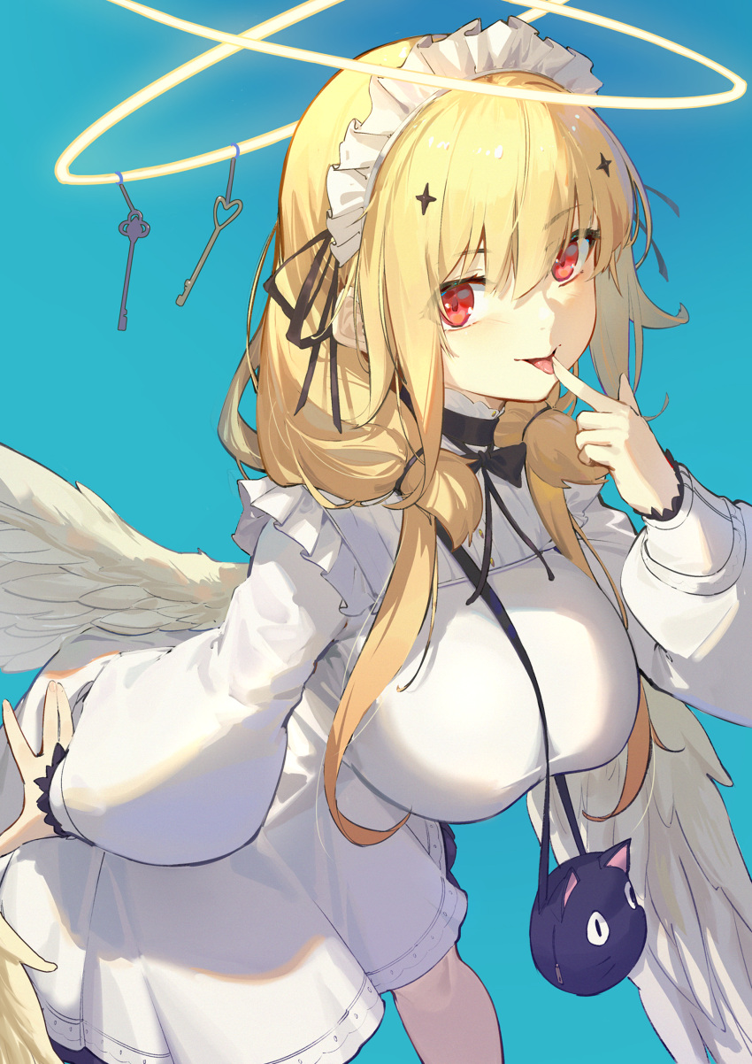 absurdres animal_bag bag black_choker blonde_hair blue_background breasts cat_bag chinese_commentary choker chucolala commentary dress feathered_wings female finger_to_mouth hair_between_eyes halo hand_up highres j.xh key large_breasts leaning_forward long_hair long_sleeves looking_at_viewer maid_headdress multiple_halos puffy_long_sleeves puffy_sleeves red_eyes shoulder_bag simple_background solo suzumiya_rin virtual_youtuber white_dress wings