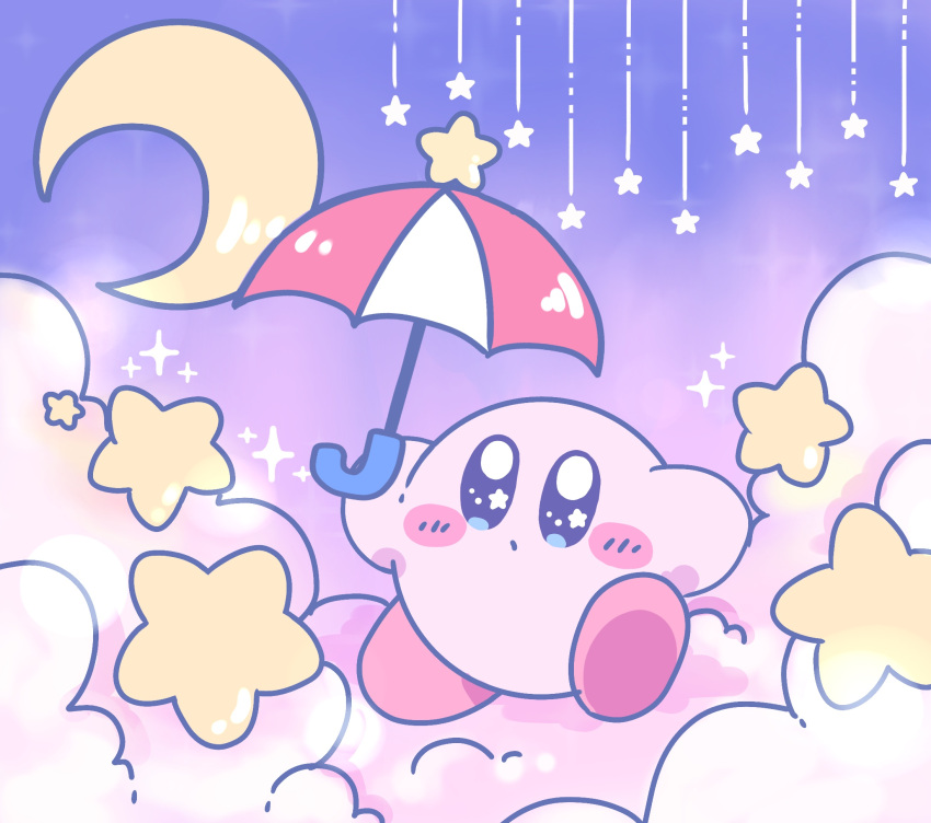 above_clouds blue_eyes blush blush_stickers closed_mouth cloud commentary_request copy_ability crescent_moon full_body highres holding holding_umbrella kirby kirby_(series) leg_up miwa_(ahyuck) moon night no_humans on_cloud outdoors parasol_kirby pastel_colors purple_sky sky solid_oval_eyes solo sparkle standing standing_on_one_leg star_(symbol) star_in_eye symbol_in_eye umbrella