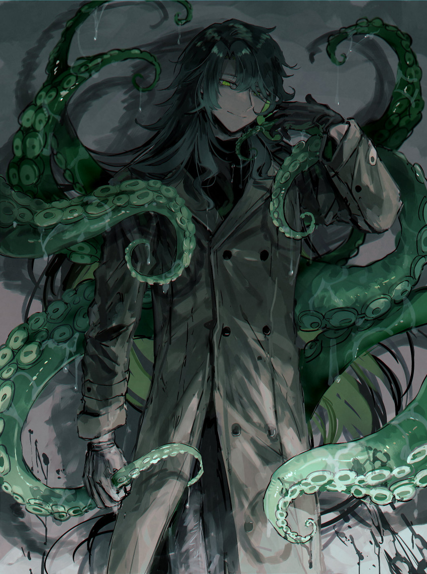 1boy absurdres black_blood black_gloves black_legwear black_pants black_sweater blood coat colored_inner_hair cowboy_shot fuji_den_fujiko gloves green_eyes green_hair grey_background hand_up highres long_coat long_hair looking_at_viewer male_focus monster_boy multicolored_hair original pants shadow slime_(substance) smile solo suction_cups sweater tentacle trench_coat turtleneck turtleneck_sweater very_long_hair