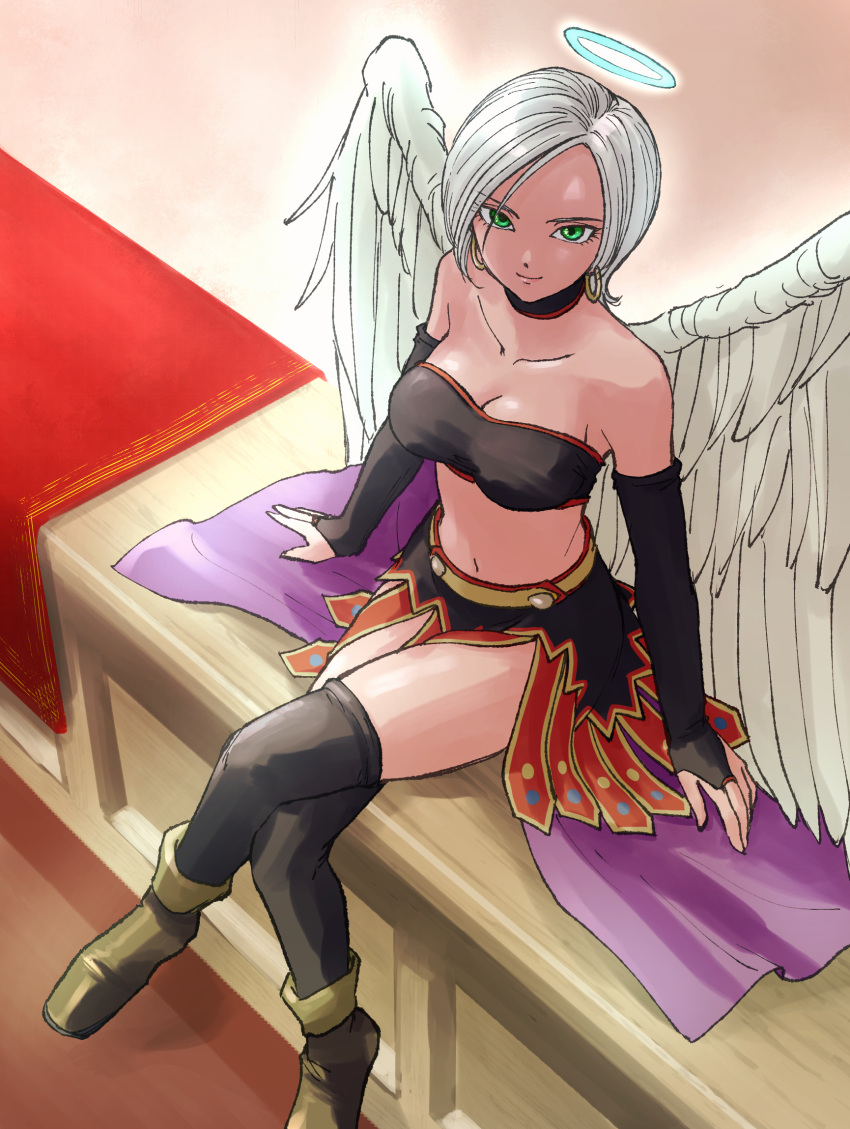 angel angel_wings bare_shoulders black_gloves black_thighhighs boots breasts bridal_gauntlets cleavage collarbone commentary_request crop_top crossed_legs dragon_quest dragon_quest_ix earrings feathered_wings female gloves green_eyes grey_hair halo highres hoop_earrings jewelry large_breasts looking_at_viewer looking_up midriff navel pekuchin_(pekuchin_3) raviel short_hair sitting sitting_on_table solo thighhighs white_wings wings