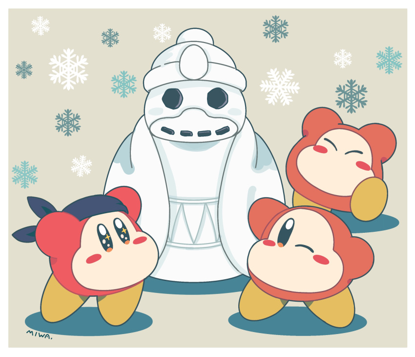 ^_^ arms_up artist_name bandana bandana_waddle_dee blue_bandana blue_headwear blush blush_stickers border closed_eyes full_body grey_background happy highres king_dedede kirby_(series) leg_up miwa_(ahyuck) no_humans no_mouth one_eye_closed orange_eyes signature snowflakes snowman solid_oval_eyes sparkle standing standing_on_one_leg waddle_dee white_border