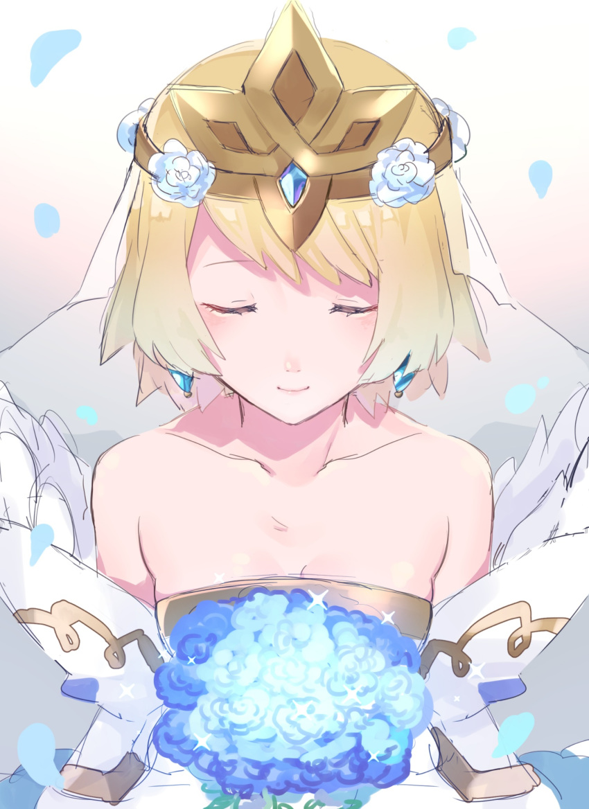 bare_shoulders blonde_hair blue_flower blue_hair bouquet bridal_veil bride bride_(fire_emblem) closed_eyes closed_mouth collarbone crown dress earrings female fire_emblem fire_emblem_heroes fjorm_(bridal)_(fire_emblem) fjorm_(fire_emblem) flower gradient_hair hair_between_eyes hair_flower hair_ornament highres holding holding_bouquet jewelry multicolored_hair petals sakuramotikun short_hair simple_background smile solo veil wedding_dress white_background white_dress