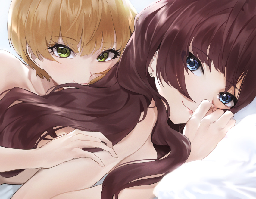 2girls :3 applepie_(12711019) blonde_hair blue_eyes brown_hair collarbone commentary_request earrings from_side green_eyes hand_on_another's_arm highres ichinose_shiki idolmaster idolmaster_cinderella_girls jewelry lazy_lazy_(idolmaster) long_hair looking_at_viewer looking_to_the_side lying miyamoto_frederica multiple_girls nude on_stomach short_hair stud_earrings upper_body