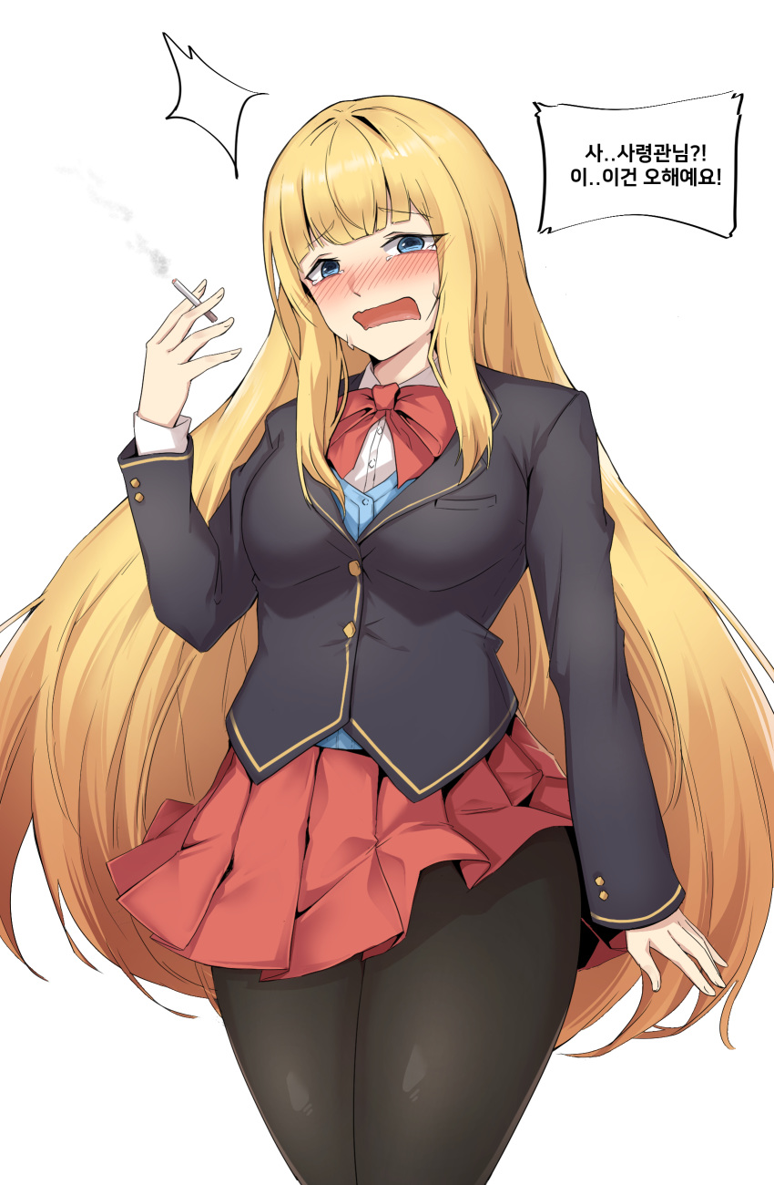 absurdres black_pantyhose blonde_hair blue_eyes blunt_bangs blush cardinal_armand cigarette clip_studio_paint_(medium) crying female halusal-i highres korean_commentary korean_text last_origin long_hair looking_at_viewer official_alternate_costume pantyhose pleated_skirt red_skirt ribbon school_uniform skirt solo sweat tears translation_request very_long_hair