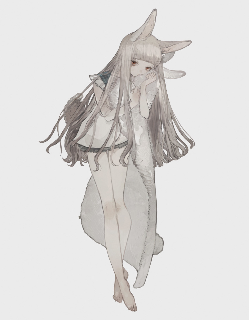 animal_ears bare_legs barefoot blunt_bangs cloak dress female full_body fur_cloak grey_hair highres holding_cloak long_hair nekosuke_(oxo) original pleated_skirt rabbit_ears rabbit_girl rabbit_tail red_eyes skirt solo standing tail white_background