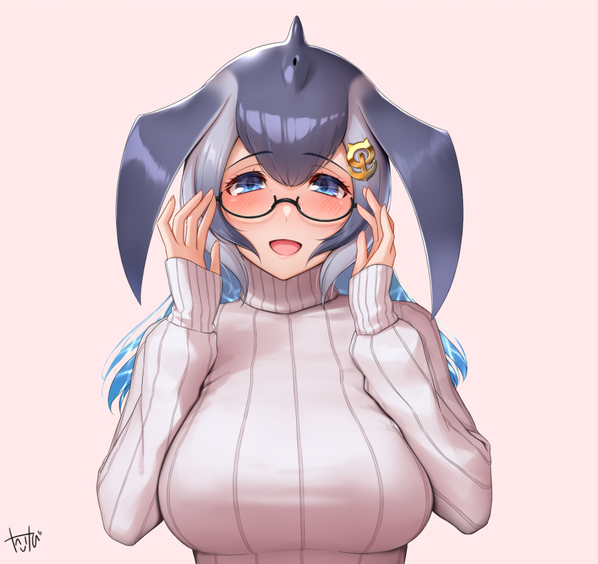 anchor_hair_ornament blowhole blue_eyes blue_hair blue_whale_(kemono_friends) blush commentary dorsal_fin female glasses grey_hair hair_ornament hands_on_eyewear highres kemono_friends lips long_hair long_sleeves looking_at_viewer multicolored_hair open_mouth smile solo sweater takebi turtleneck turtleneck_sweater upper_body white_sweater